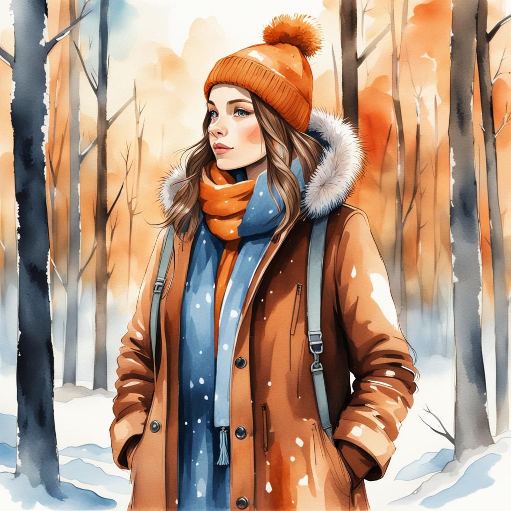 Girl Walks in Winter Forest Watercolor Illustration