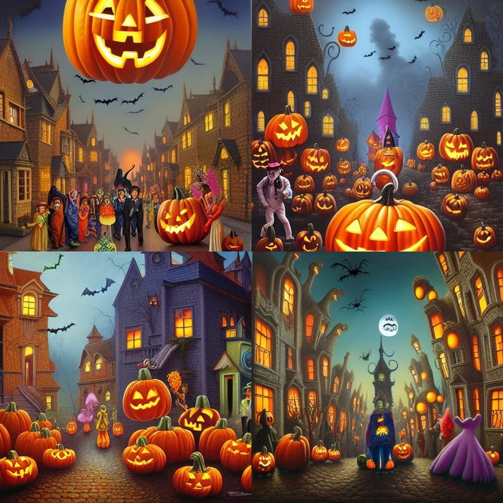 Futuristic Halloween Parade in Surreal Oil Painting