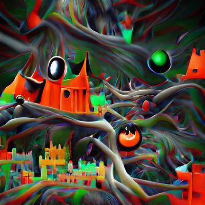 Psychedelic Anime Castle in Spooky Halloween Forest