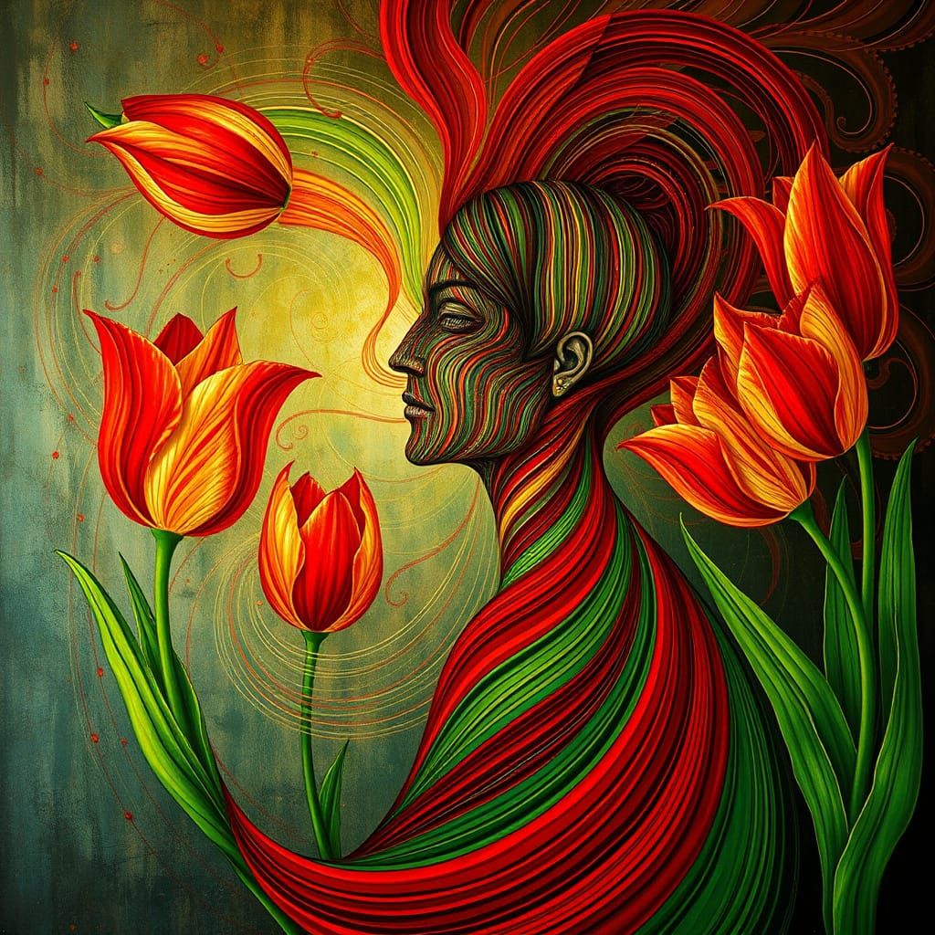 Ethereal Spirit of Red and Green Stripes in Vibrant Klimt-In...