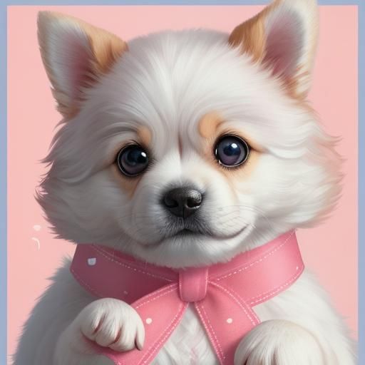 Adorable Puppy with Pink Ribbon in Comic Style