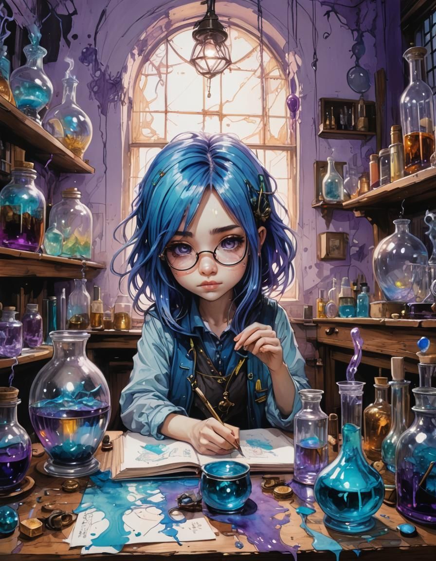Chibi Girl Studying Potions in Wizarding Schoolroom