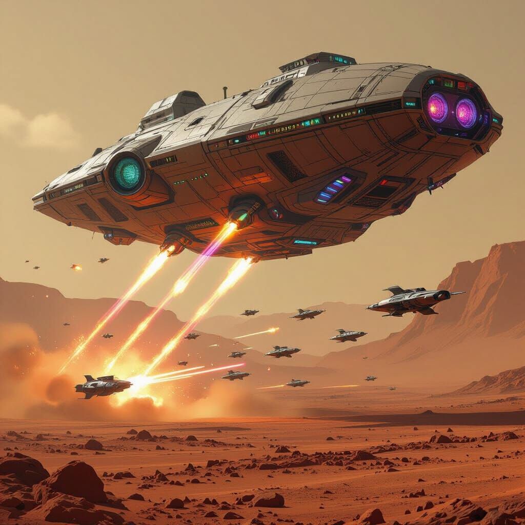 Mars Space Battle in Sci-Fi Industrial Style