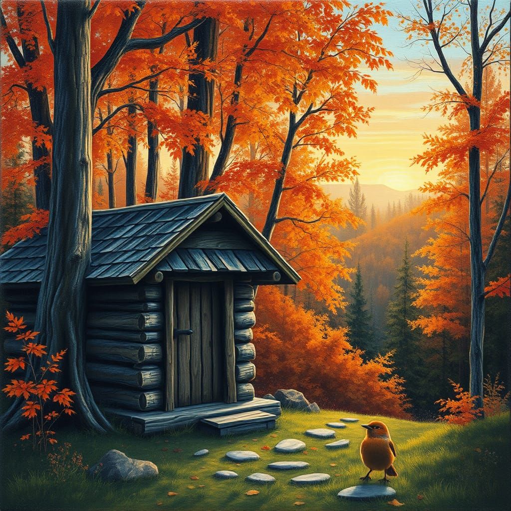 Autumn Forest Hut at Sunrise in Oil Colors
