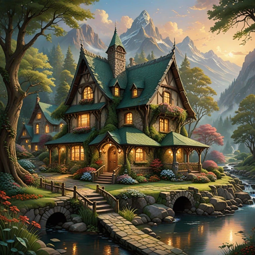 Whimsical Elven Cottage by a Winding River in Watercolor Sty...