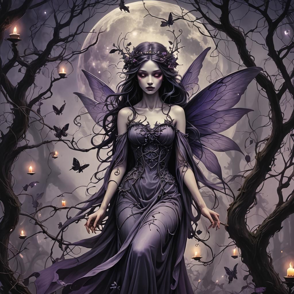 Shadowy Figure Stalks Fairy Under Purple Moon