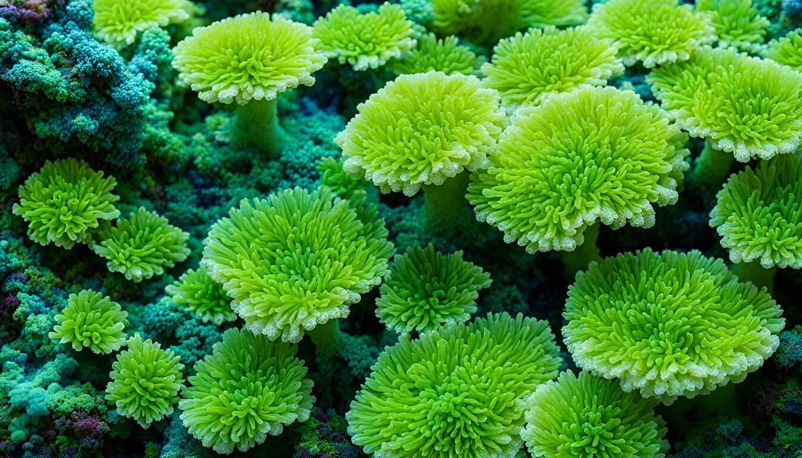 Iridescent Anemone Field with Migrating Fish