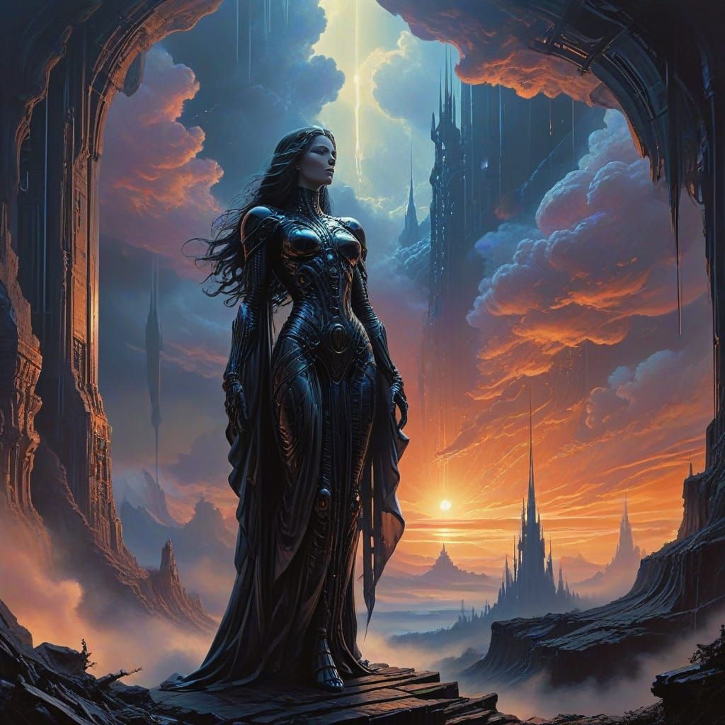 Celestial Goddess Contemplates Futuristic Utopia in Ethereal...