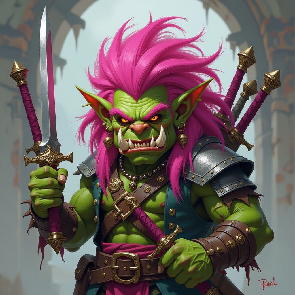 Goblin with Pink Wig and Many Swords in Dark Fantasy Style
