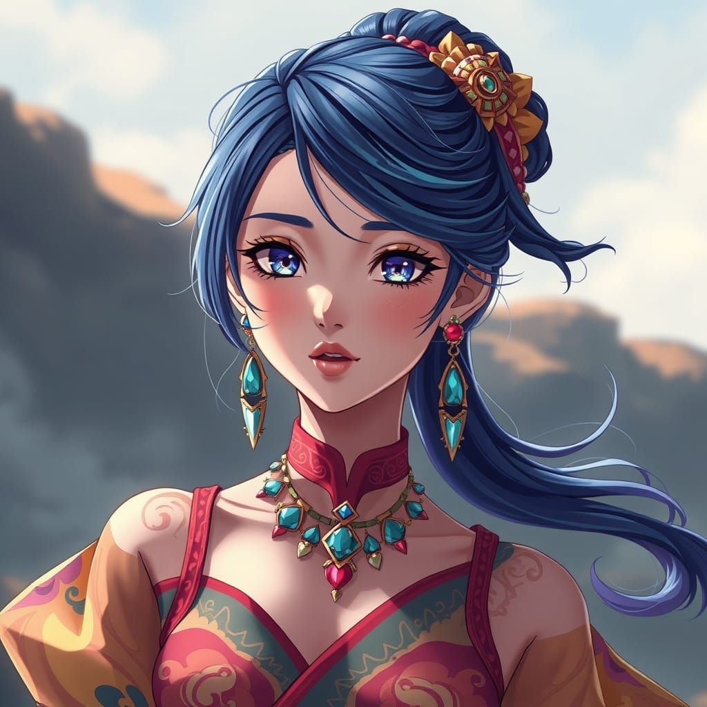 Vibrant Anime Woman in Elegant Studio Ghibli-Inspired Dress