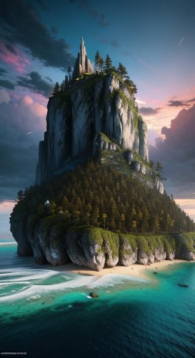 Paradise Island Floating Above Sea at Sunset