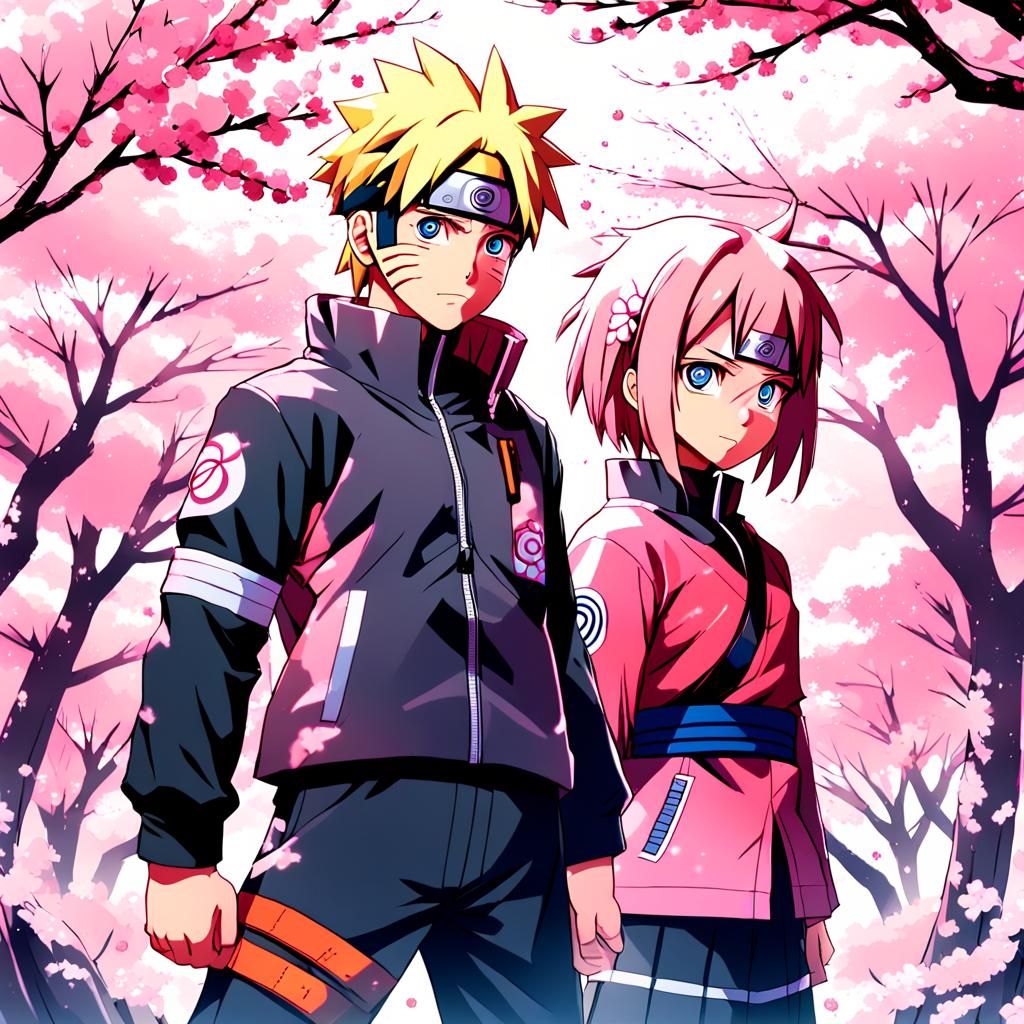 Naruto and Sakura: Heroic Manga Scene in Anime Style
