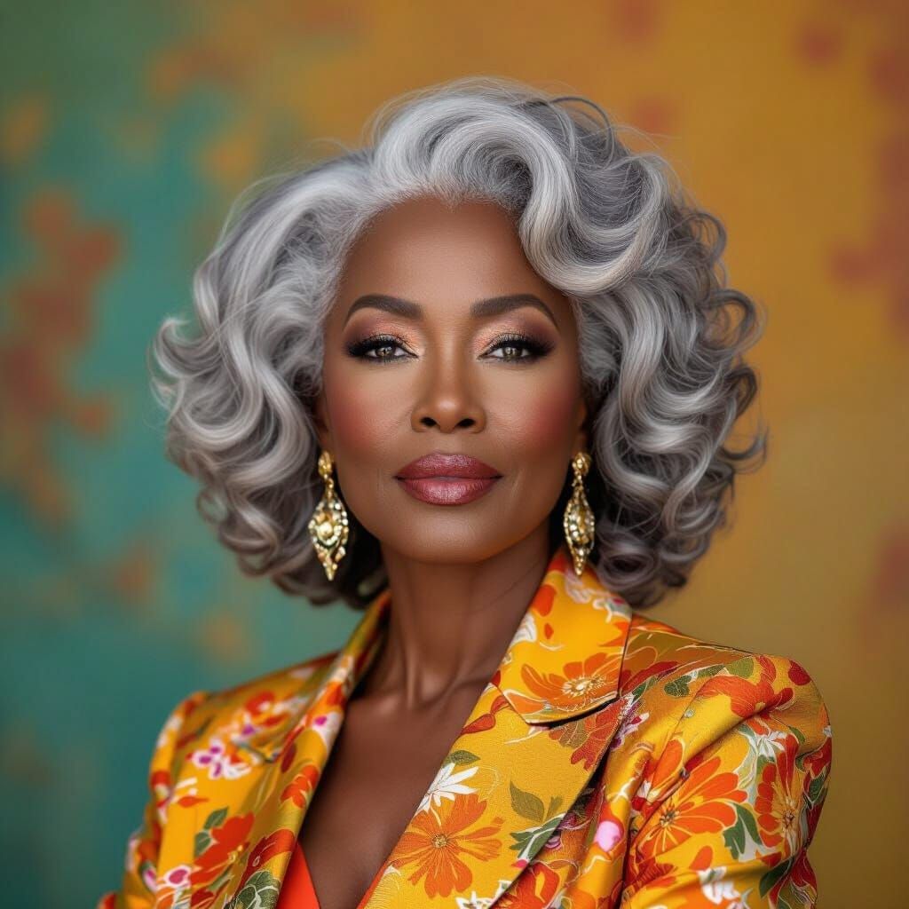 Elegant Jamaican Woman with Silver Curls in High Fashion