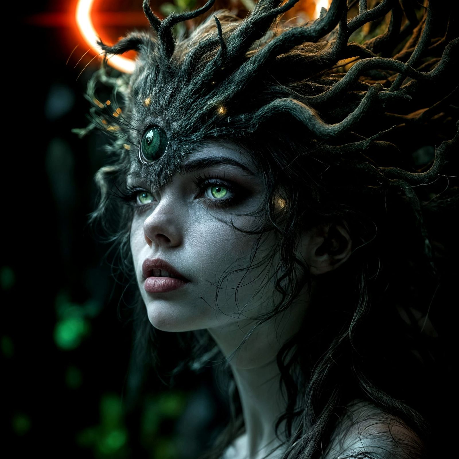 Surreal Girl with Tree Roots and Porcelain Skin