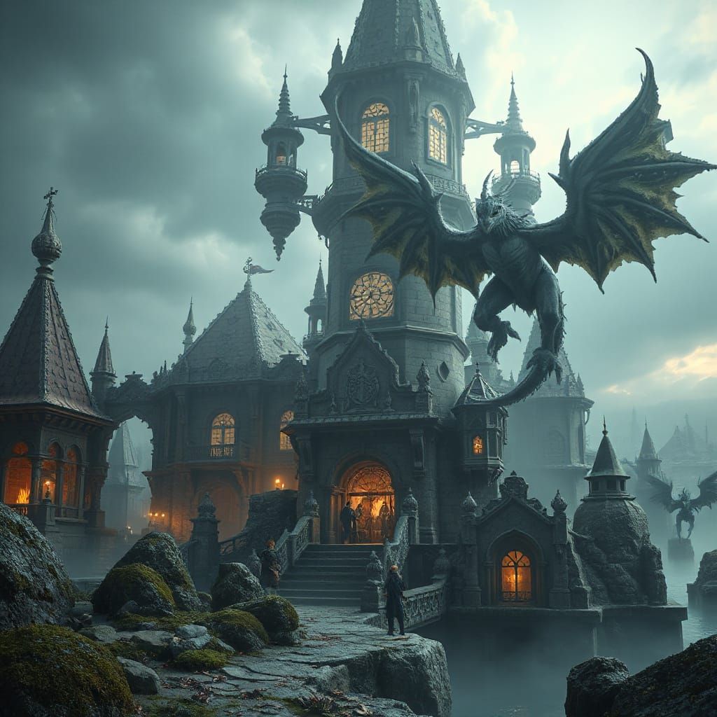 Fantasy Realm: Mystical Creatures & Intricate Architecture