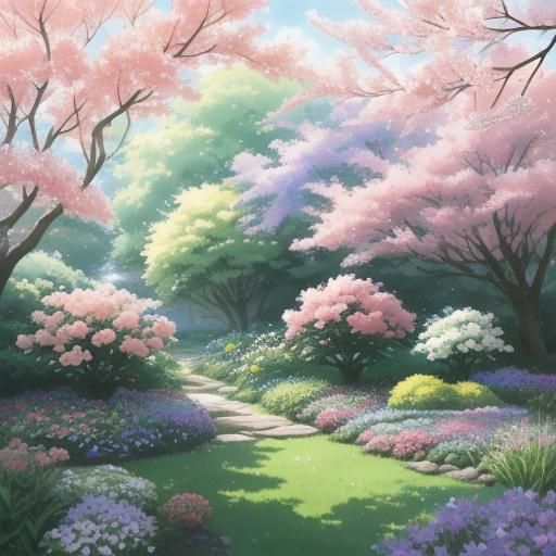 Cute Kitten in Lush Garden: Watercolor Anime Style