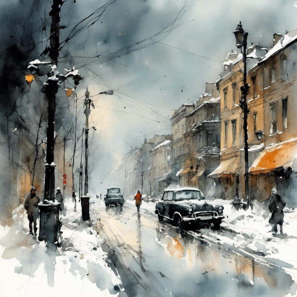 City Blizzard in Dark Watercolor Style