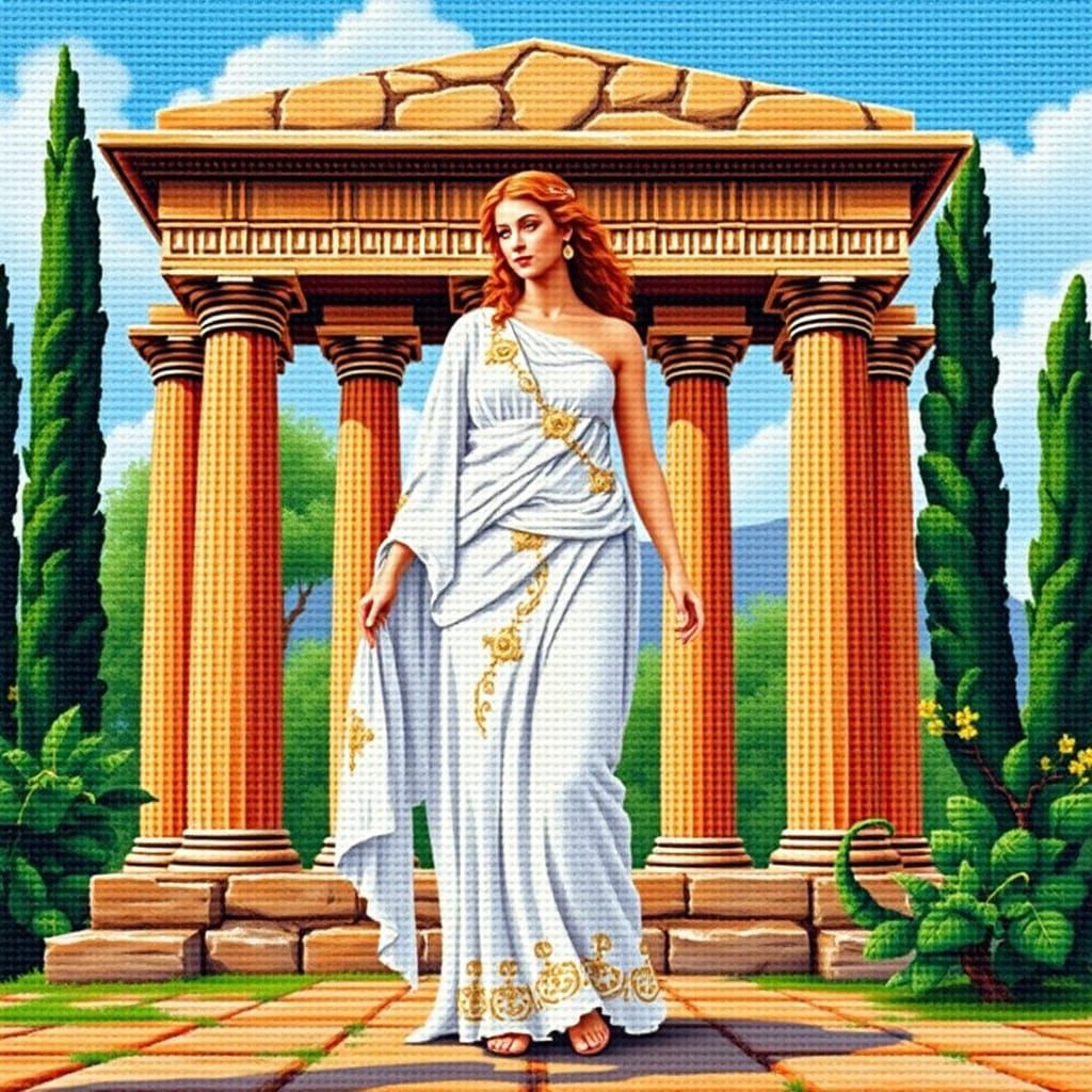 Ancient Goddess in Vibrant Cross-Stitch