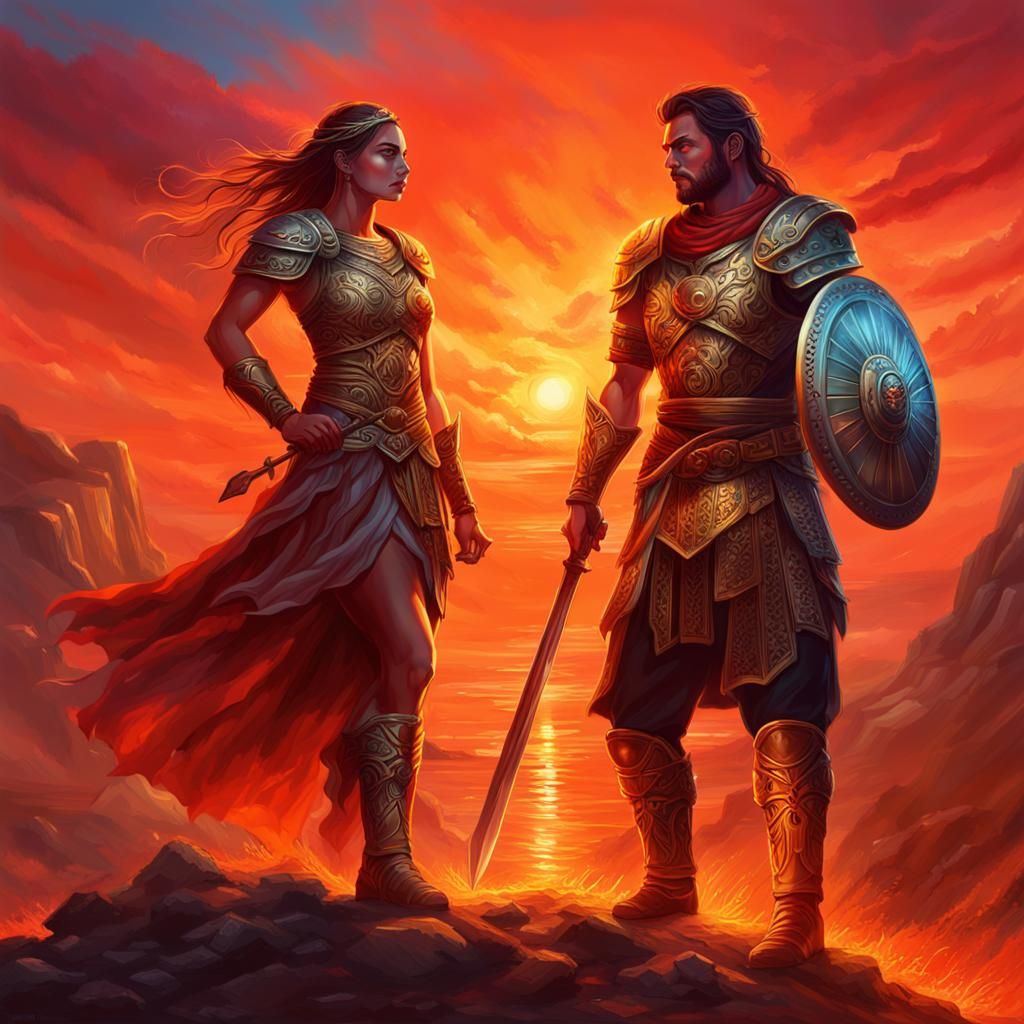 Warrior Princess and Prince in Hyperrealistic Sunset