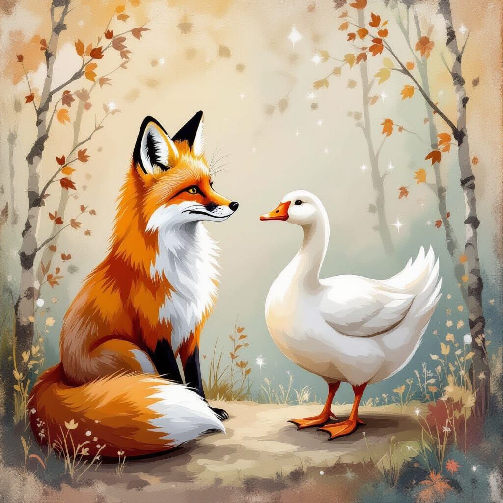 Fox and Goose Party in Soft Ink Painting Style