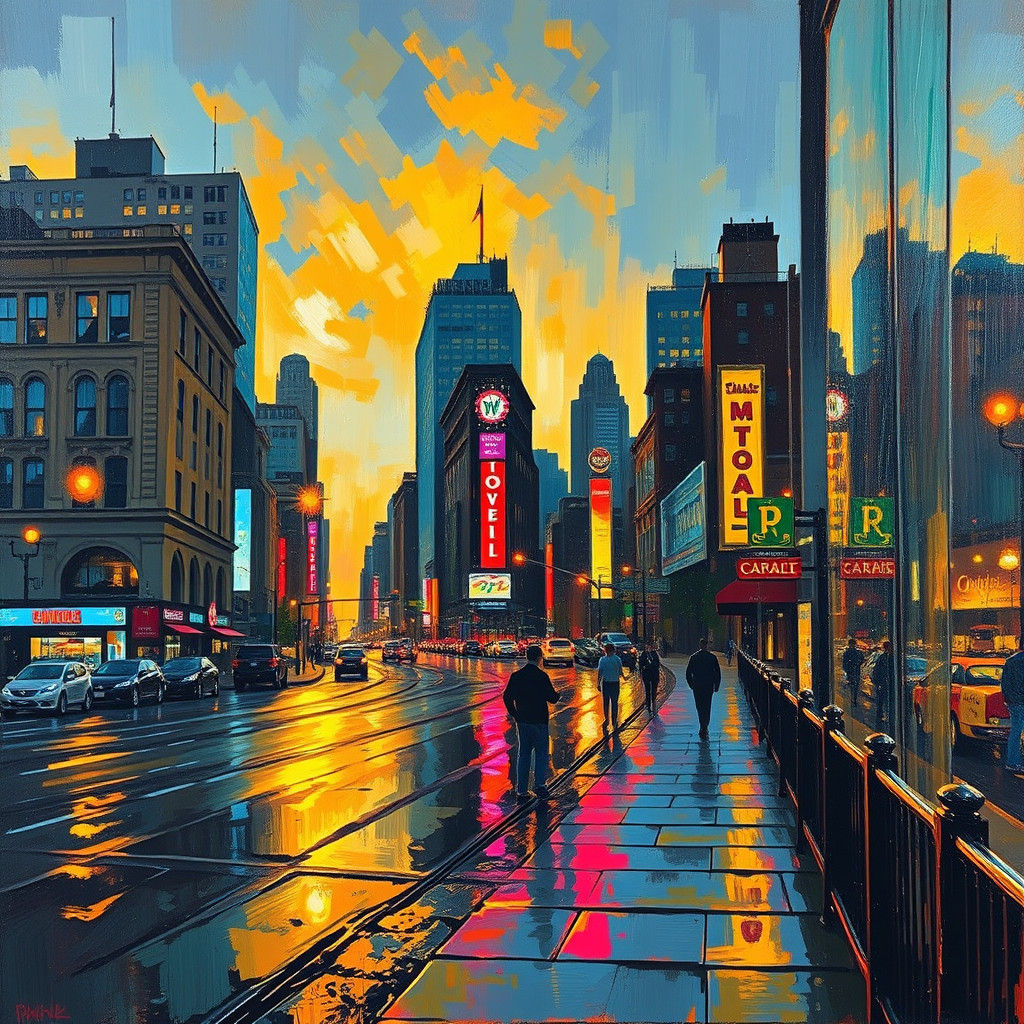 Golden Cityscape at Dusk as Impressionistic Oil Painting