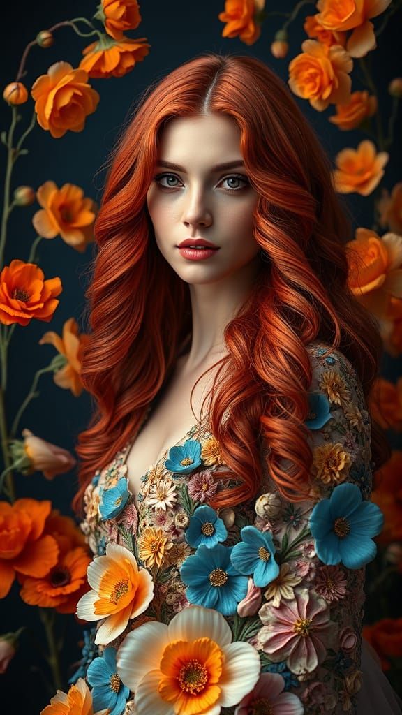 Elegant Woman in Whimsical Floral Gown Against Dark Navy Bac...