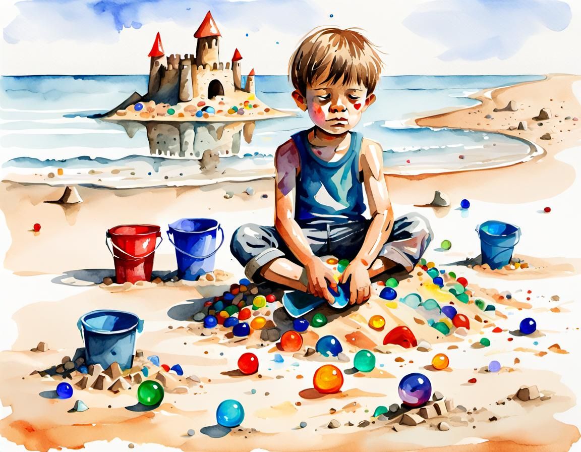 Child's Ruined Sandcastle: A Watercolor Beach Scene