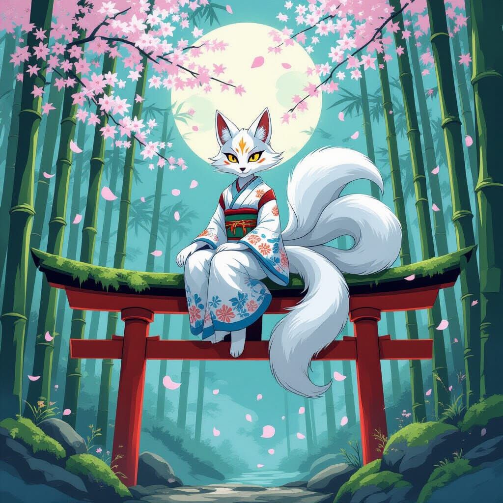 A mischievous Kitsune, with nine flowing tails and eyes that...