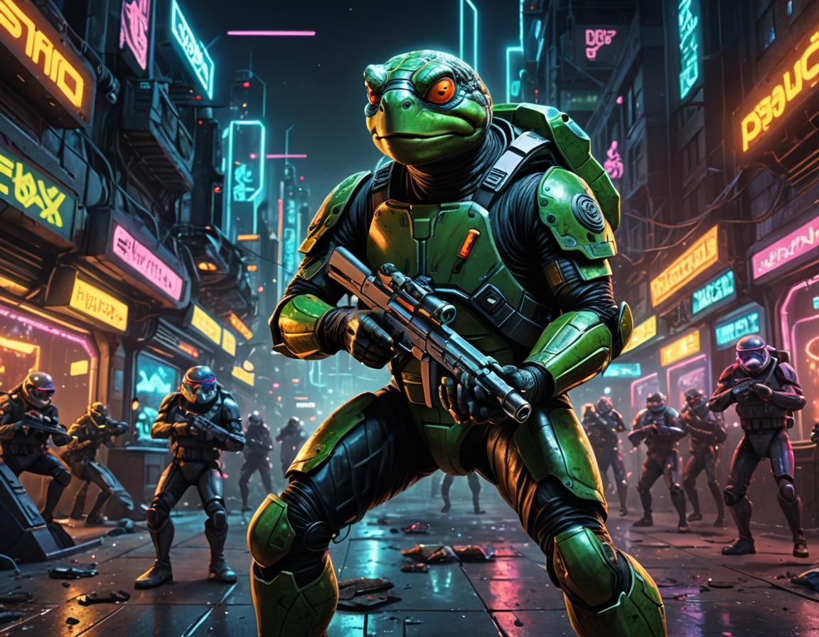 Turtle Space Bandit in Futuristic Cityscape
