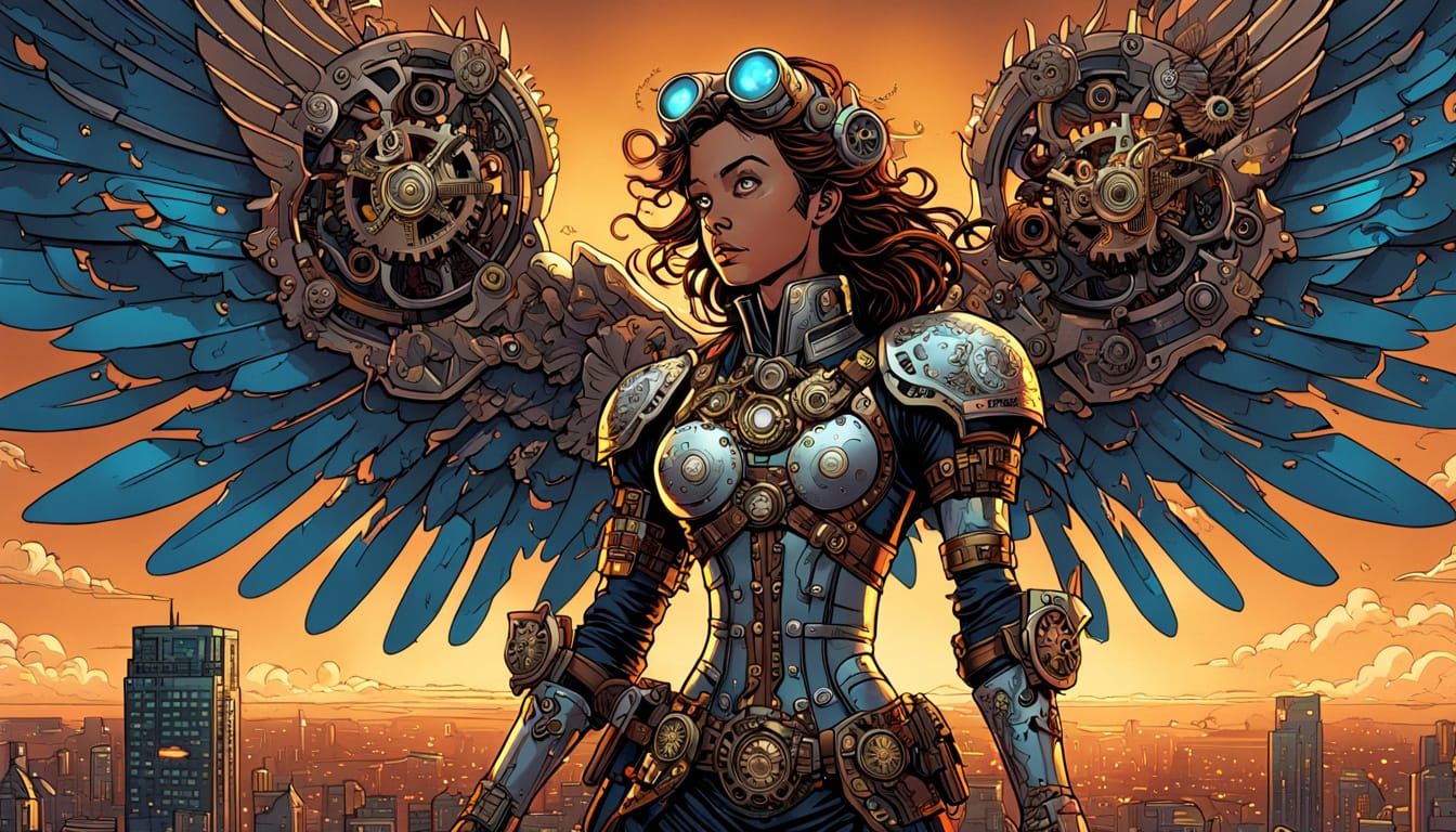 Steampunk Angel with Mechanical Wings Comic Art