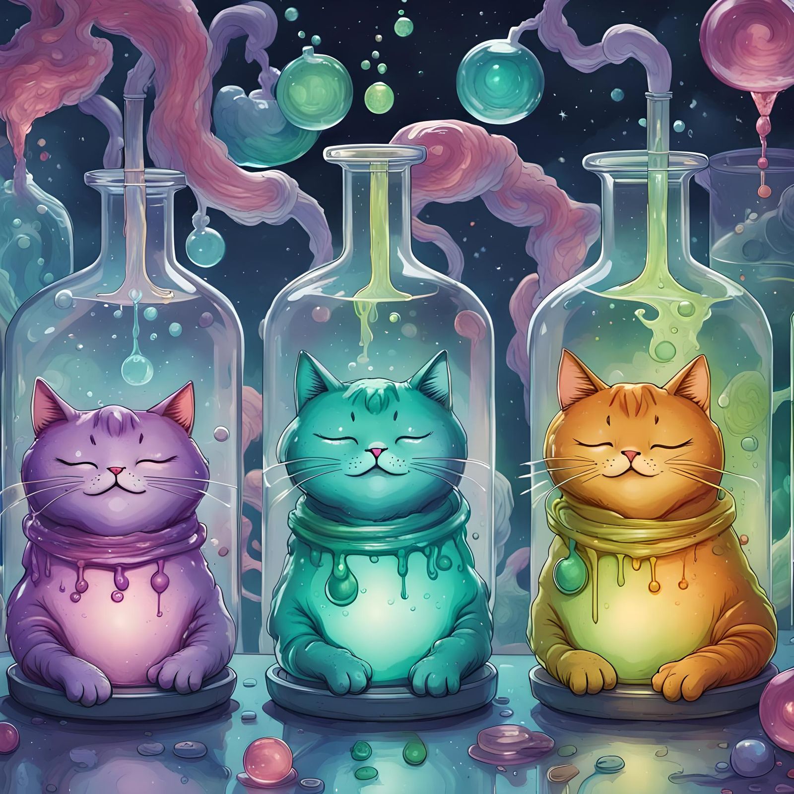 Whimsical Slime Cats in Flasks, Aethercore Fantasy