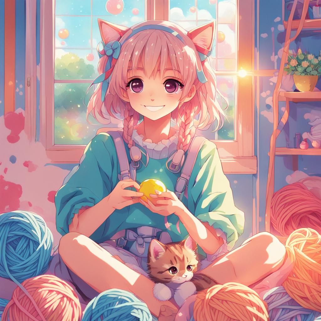 Kawaii Anime Girl with Kitten in Manga Room