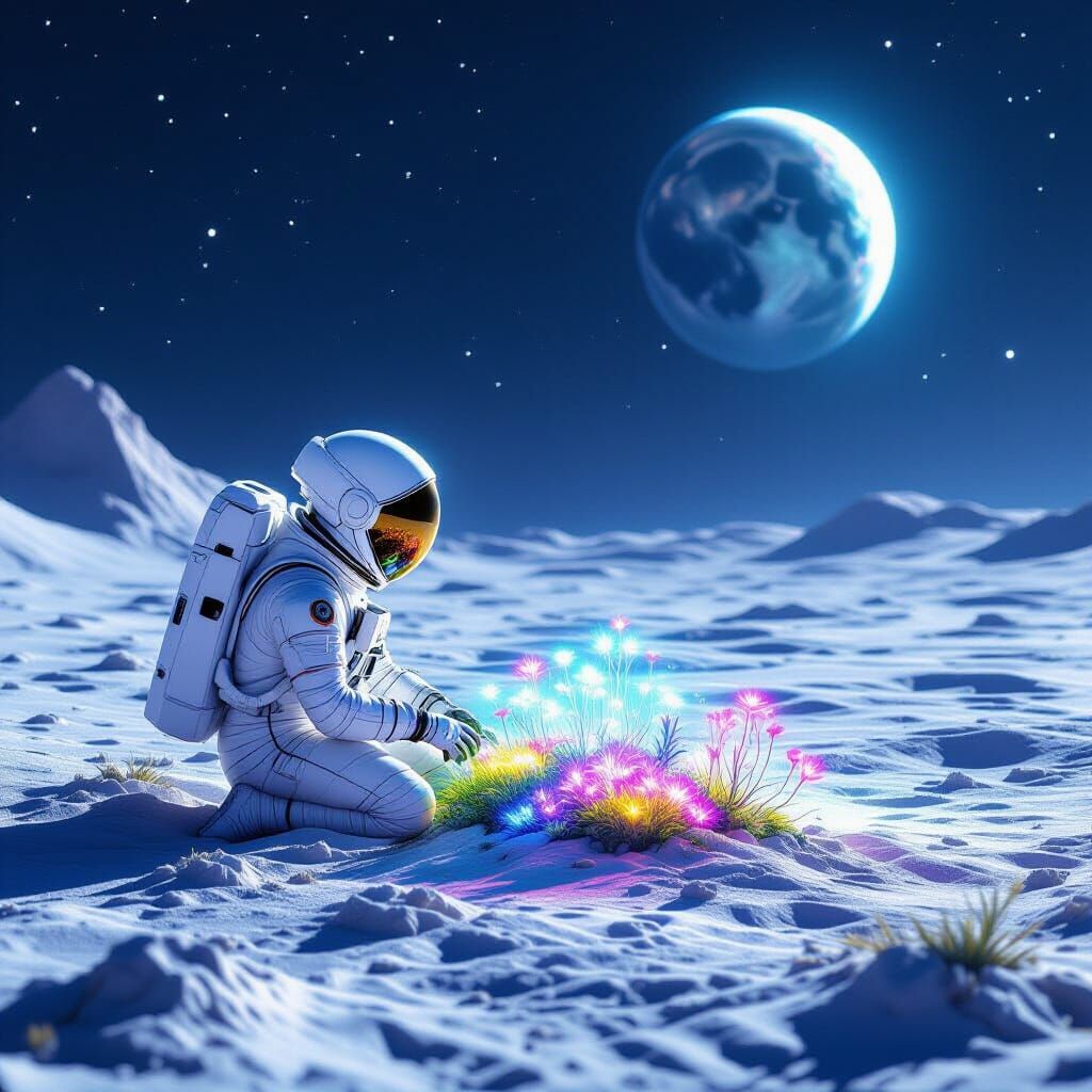 Astronaut Tends Bioluminescent Garden on Moon