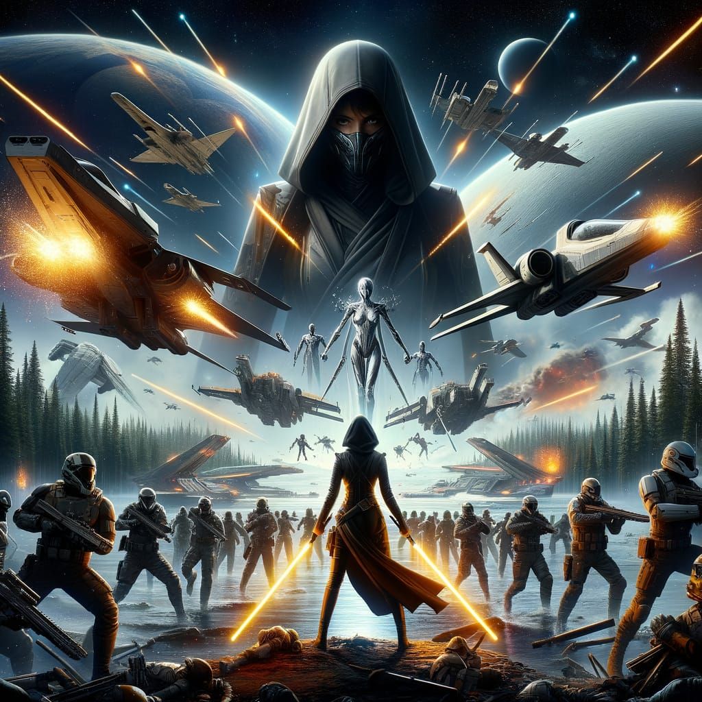 Epic Sci-Fi Battle in Space with Clashing Warriors and Aeria...