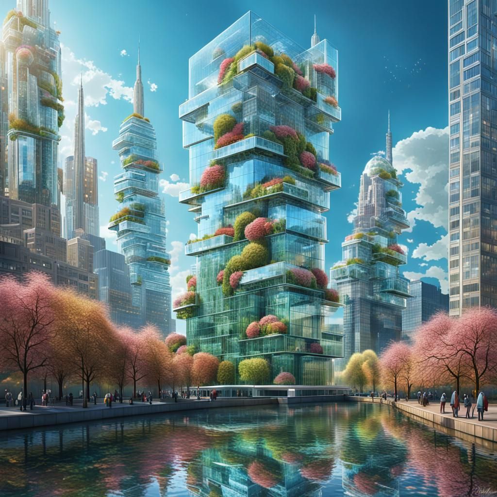 Futuristic Flowerpunk Skyscraper in Riverscape City