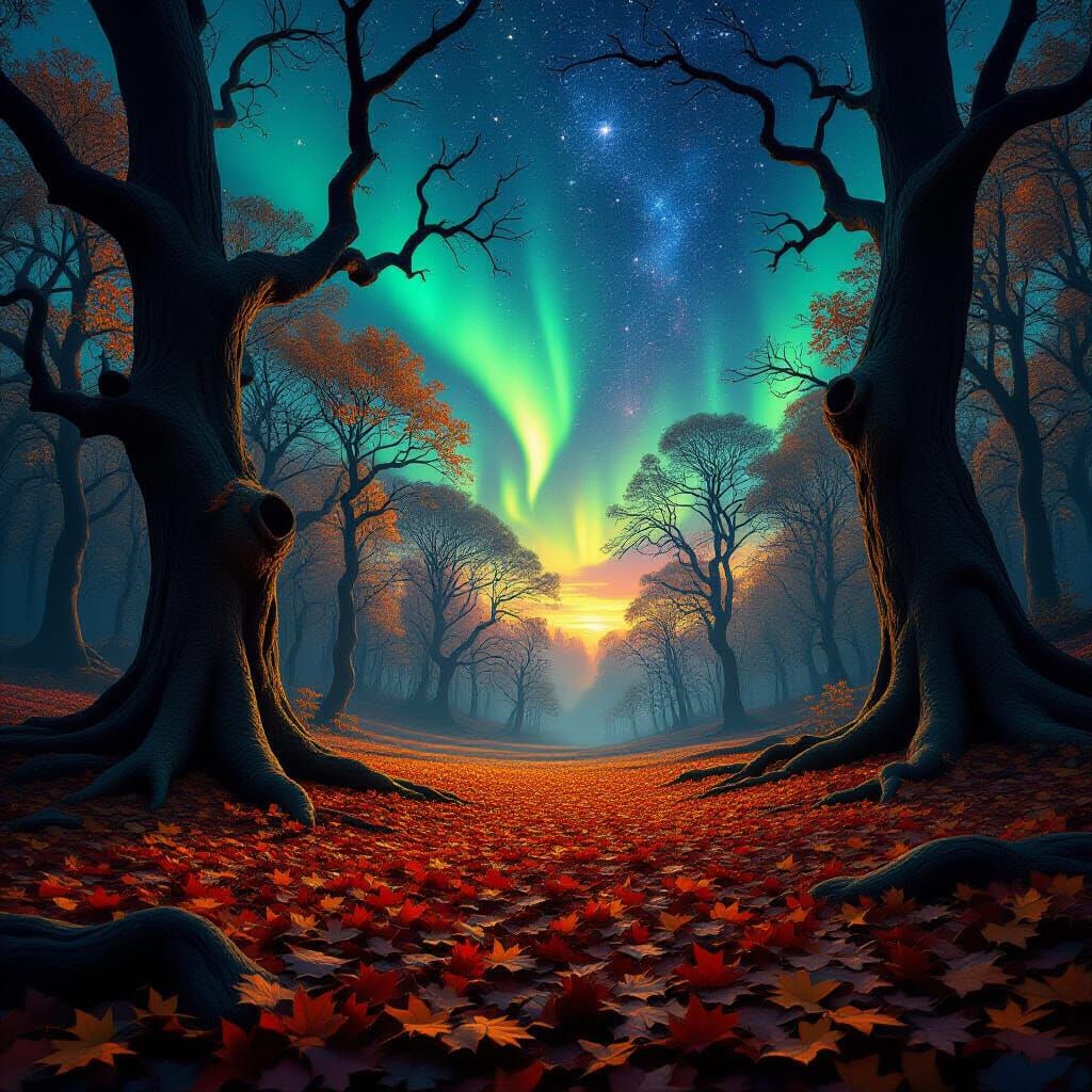 Magical Autumn Forest with Celestial Leaves and Aurora