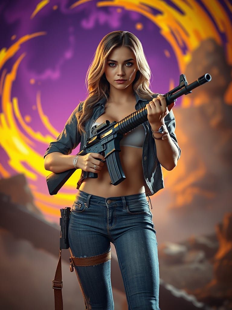 Fierce Female Superhero in Dark Fantasy War Scene