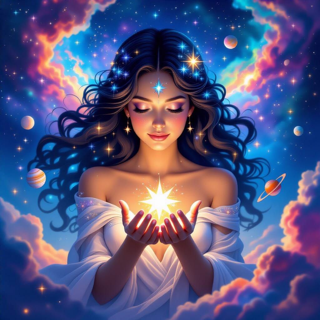 Celestial Goddess Holding Newborn Star in Cosmic Nebula