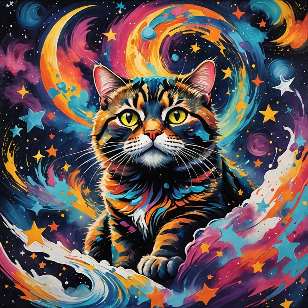 Colorful Cat Floating in Universe: Vibrant Street Art