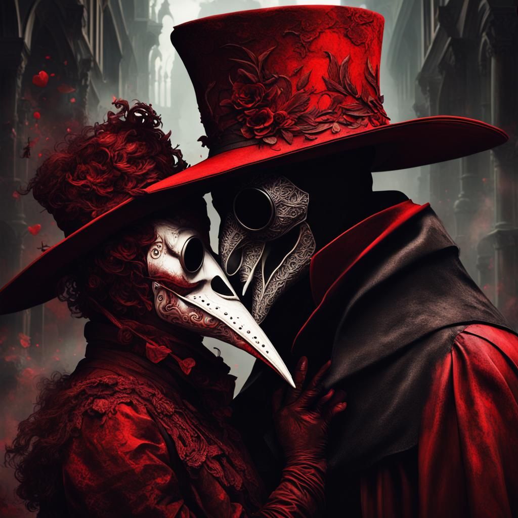 Red Death and Plague Doctor's Kiss: Dark Fantasy Art