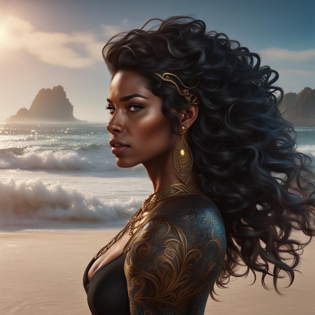 Tanned Woman in Bikini on Beach, Detailed Digital Painting