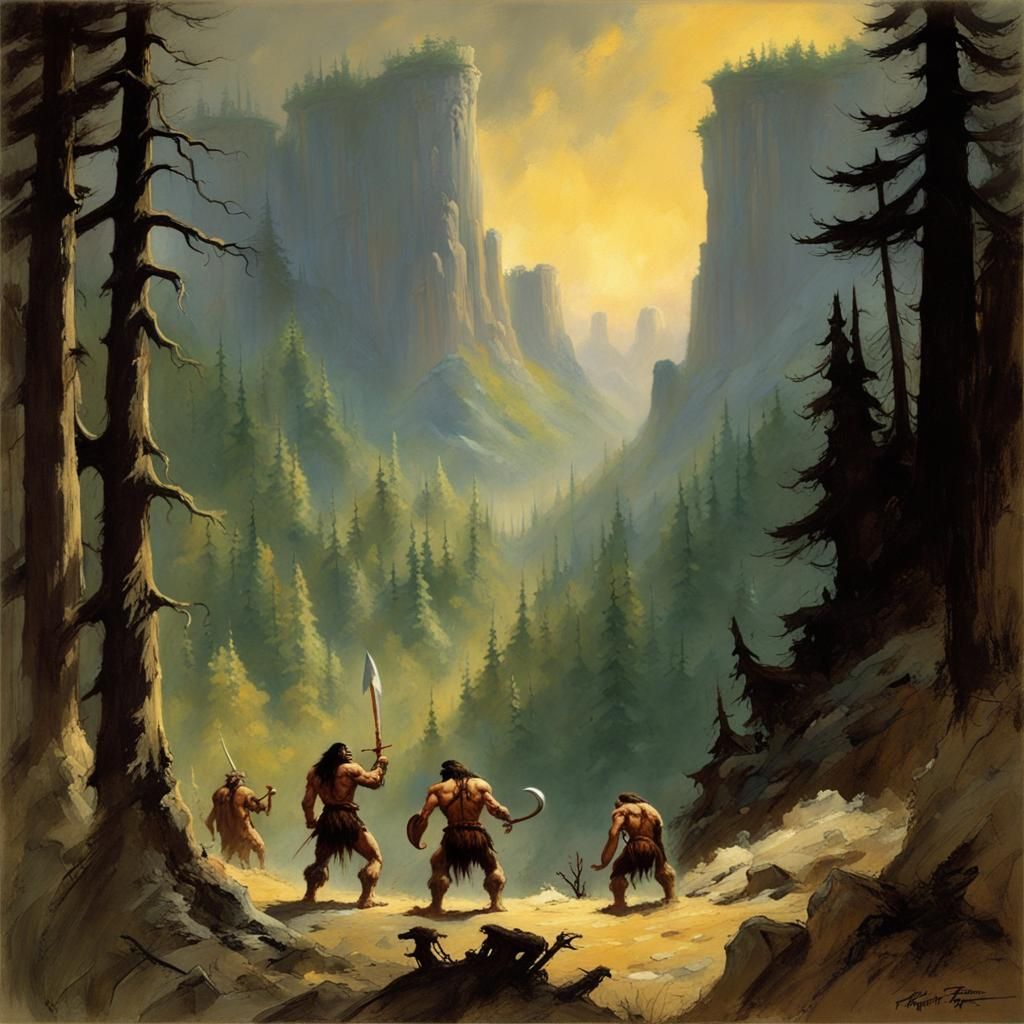 Ape-Men Wander Forest Hills in Matte Painting Style