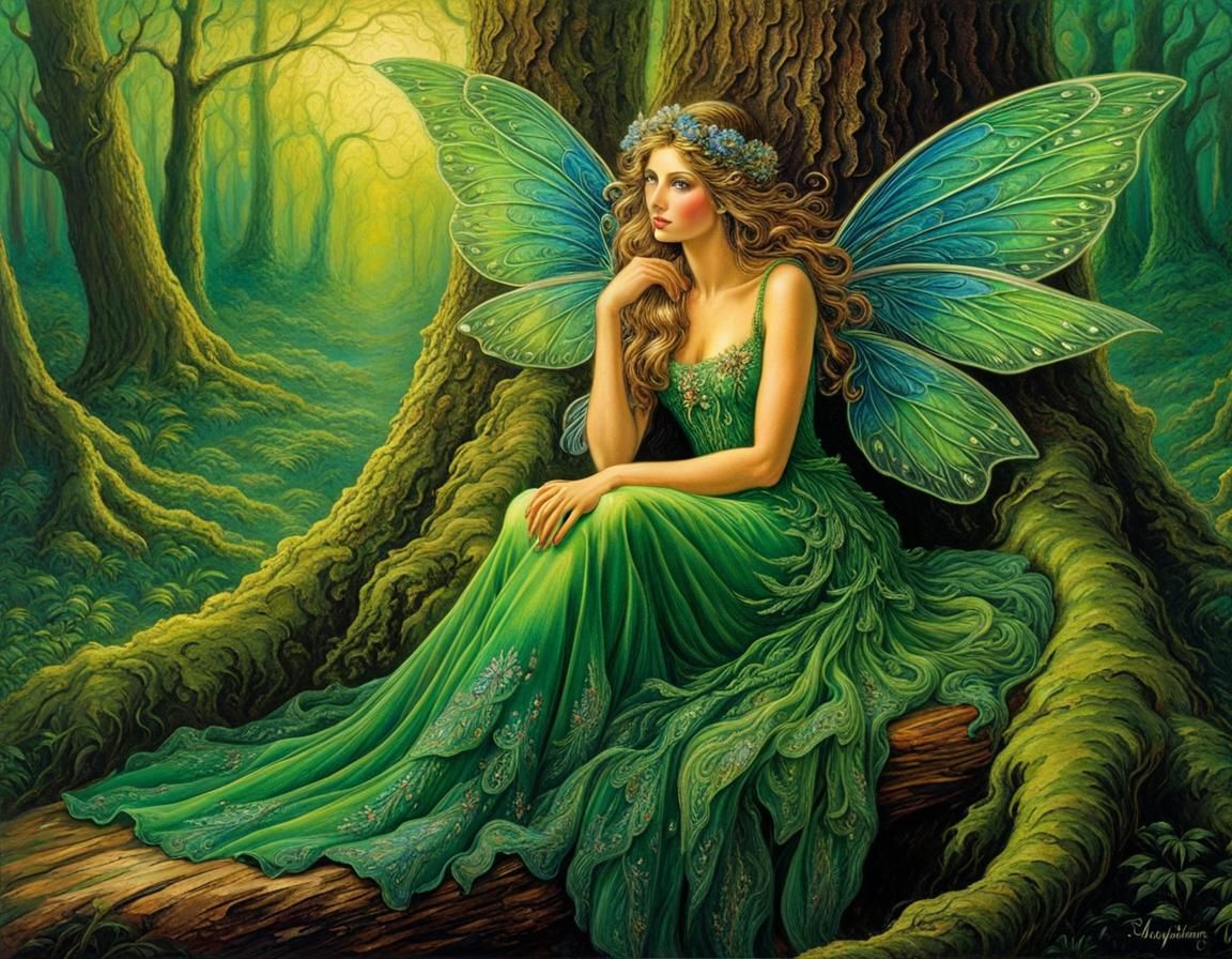 Green-Eyed Fairy in Whimsical Forest