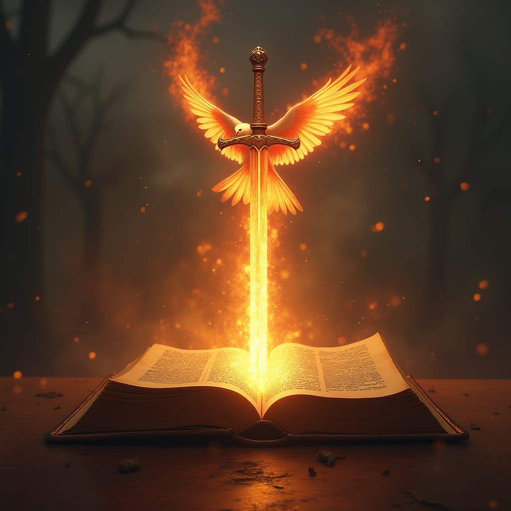 Flaming Sword Emerges from Bible as Matte Painting