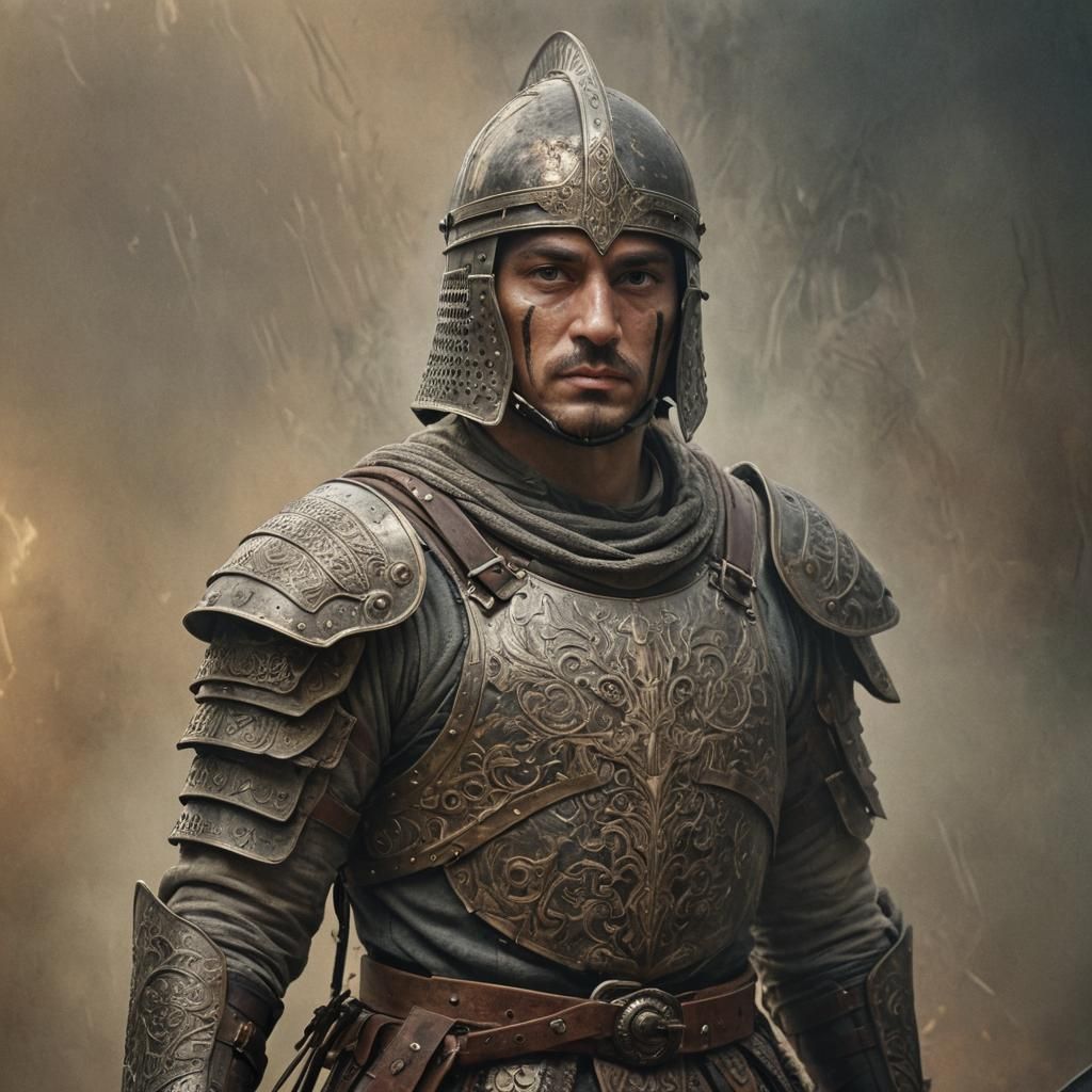 Hungarian Warrior in Traditional Armor: Oil Painting