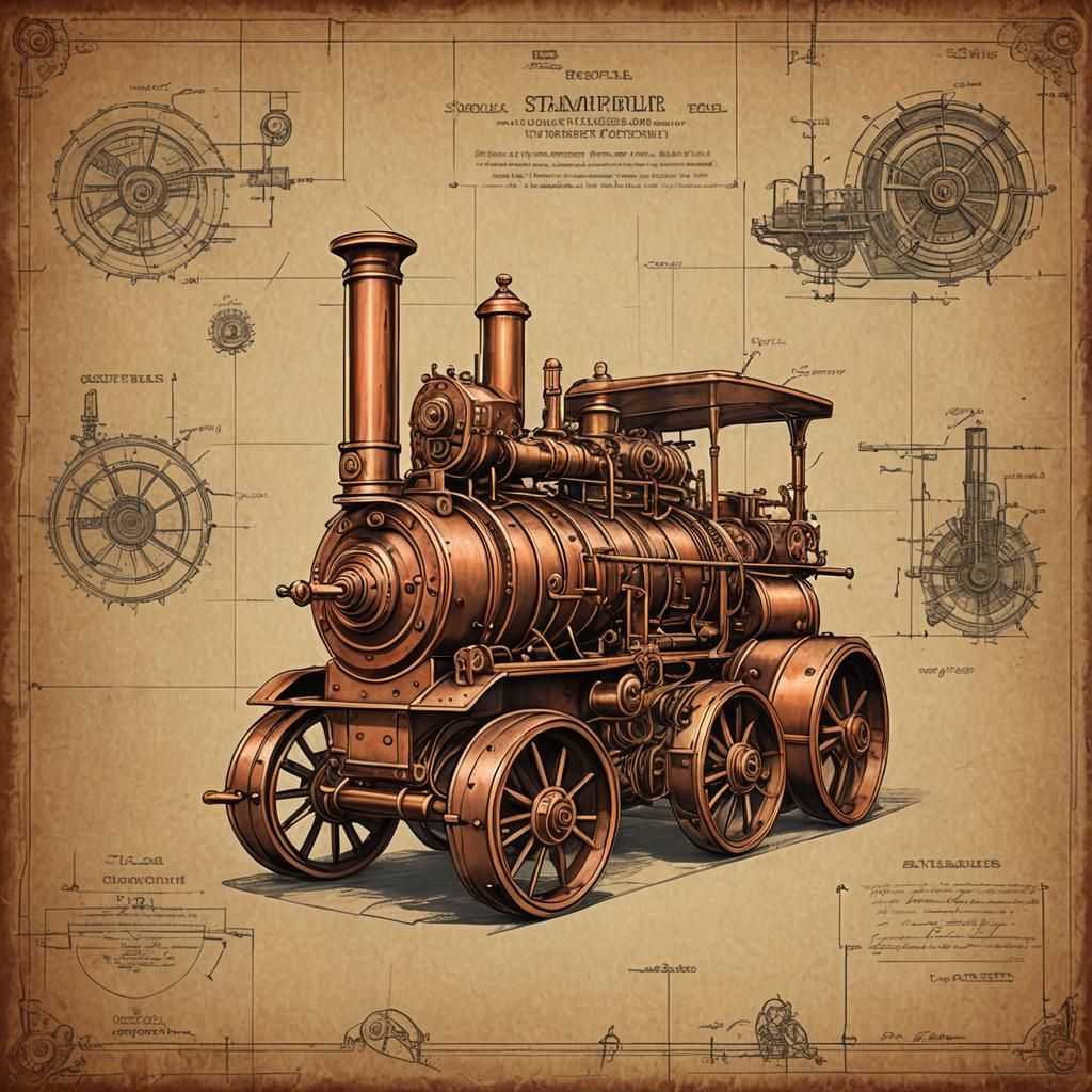Steampunk Copper Steamroller with Blueprint Background