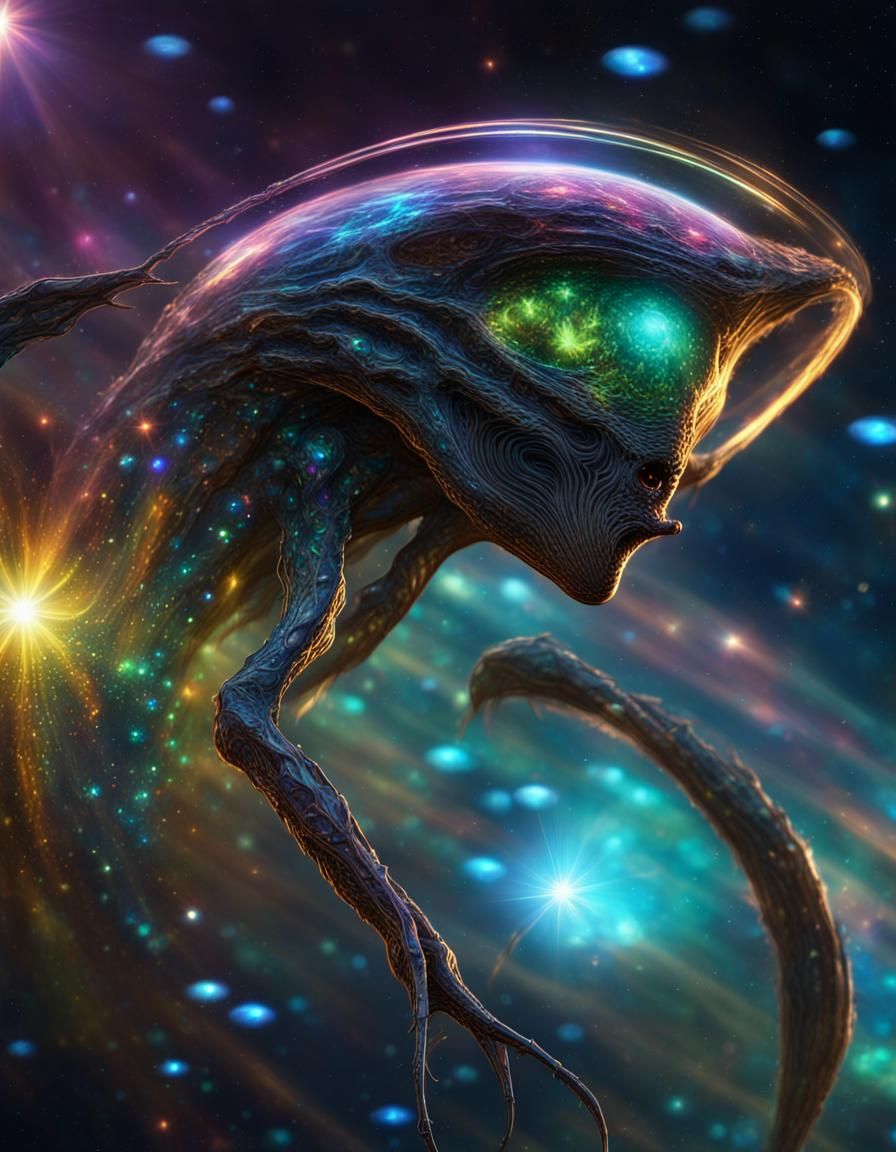 Holographic Bioluminescent Space Alien with Jeweled Stars