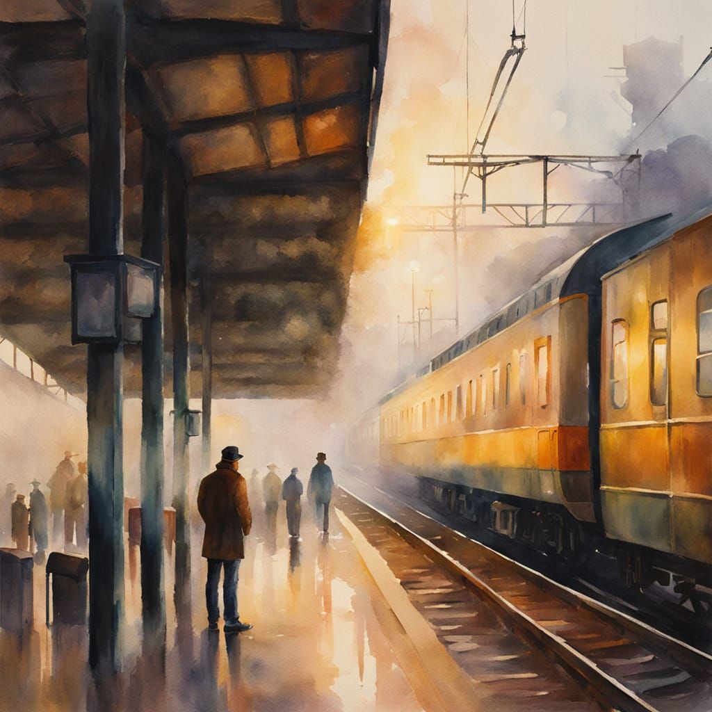 Man Waiting at Train Station in Whimsical Watercolour Style