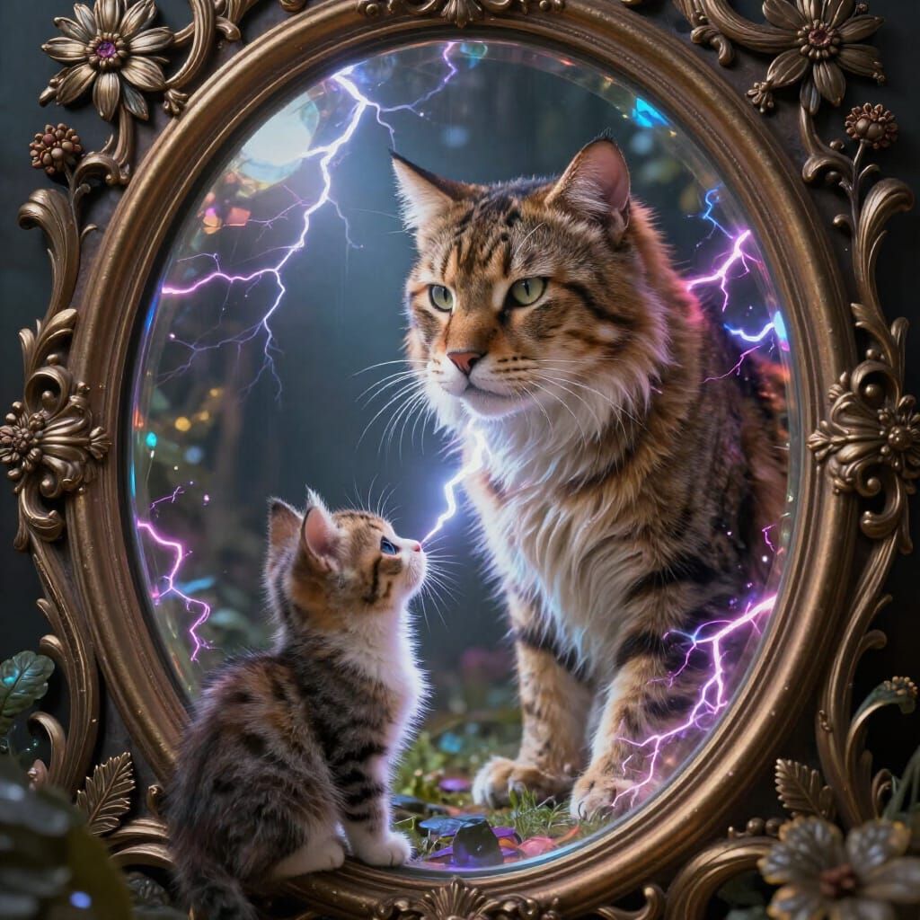 Kitten and Big Cat Reflected in Antique Looking Glass