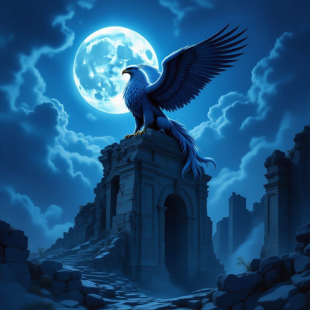 Majestic Griffin on Ruin Under Ethereal Moonlight